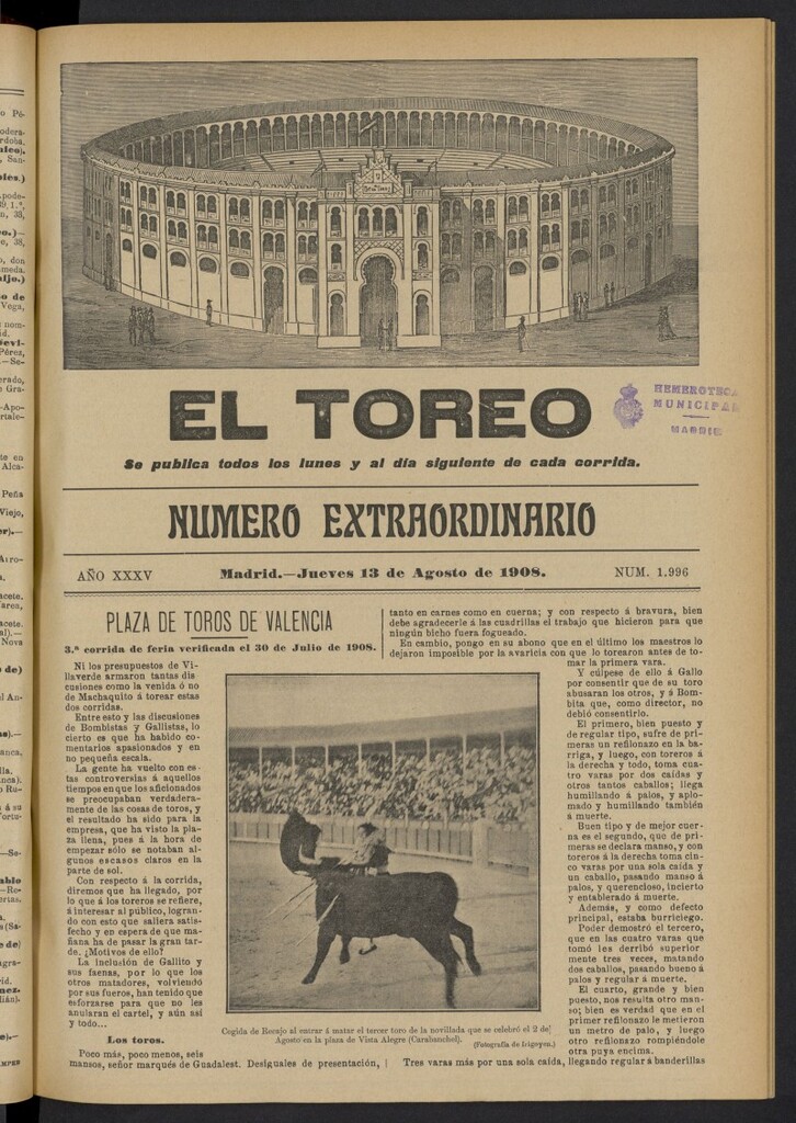 Miniatura de El Toreo: suplemento a ´´La Correspondencia Teatral´´  del 13 de agosto de 1908, nº 1996