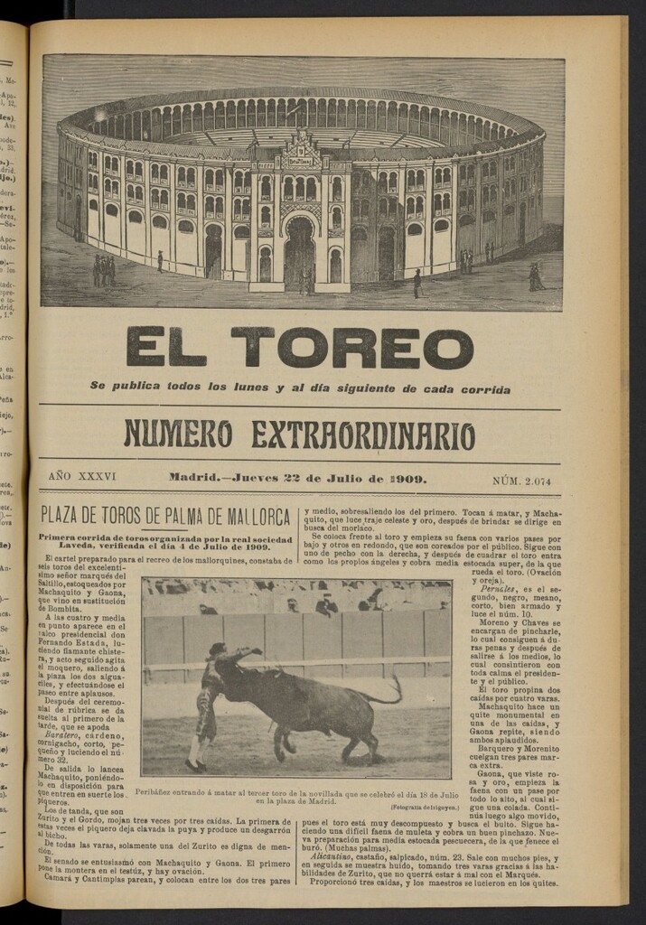 Miniatura de El Toreo: suplemento a "La Correspondencia Teatral"  del 22 de julio de 1909, nº 2074