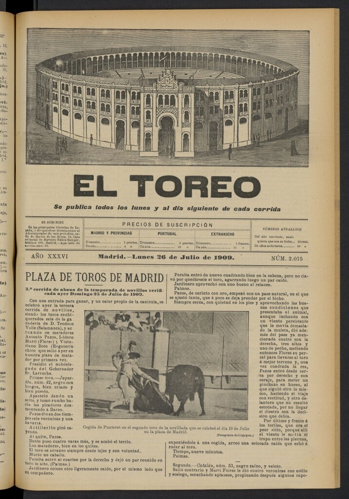 Miniatura de El Toreo: suplemento a "La Correspondencia Teatral"  del 26 de julio de 1909, nº 2075