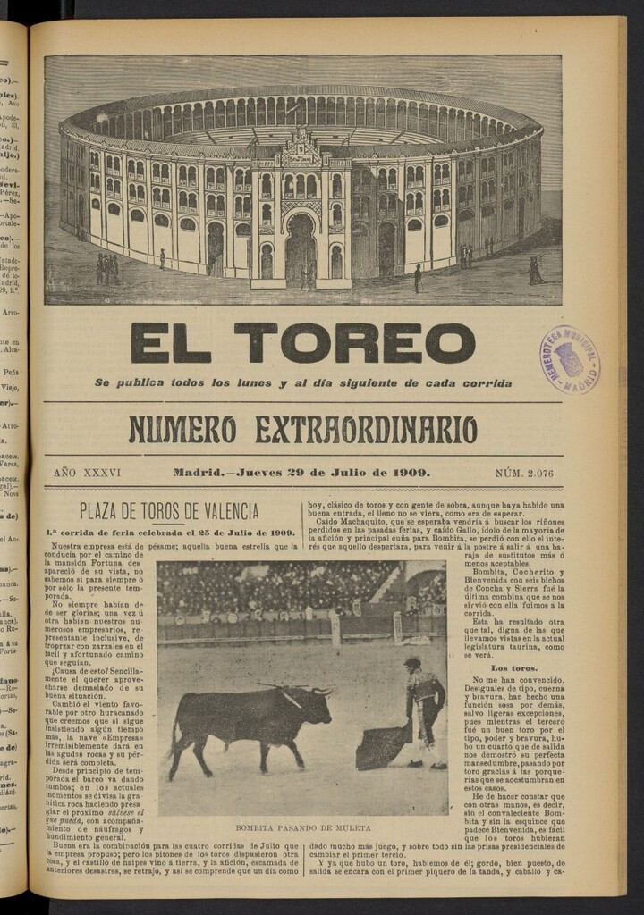 Miniatura de El Toreo: suplemento a "La Correspondencia Teatral"  del 29 de julio de 1909, nº 2076