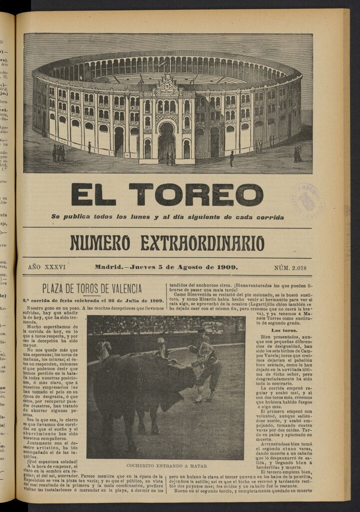 Miniatura de El Toreo: suplemento a "La Correspondencia Teatral"  del 5 de agosto de 1909, nº 2078