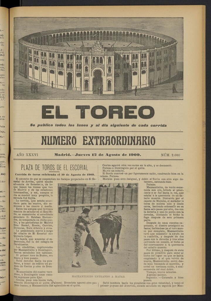 Miniatura de El Toreo: suplemento a "La Correspondencia Teatral"  del 12 de agosto de 1909, nº 2080