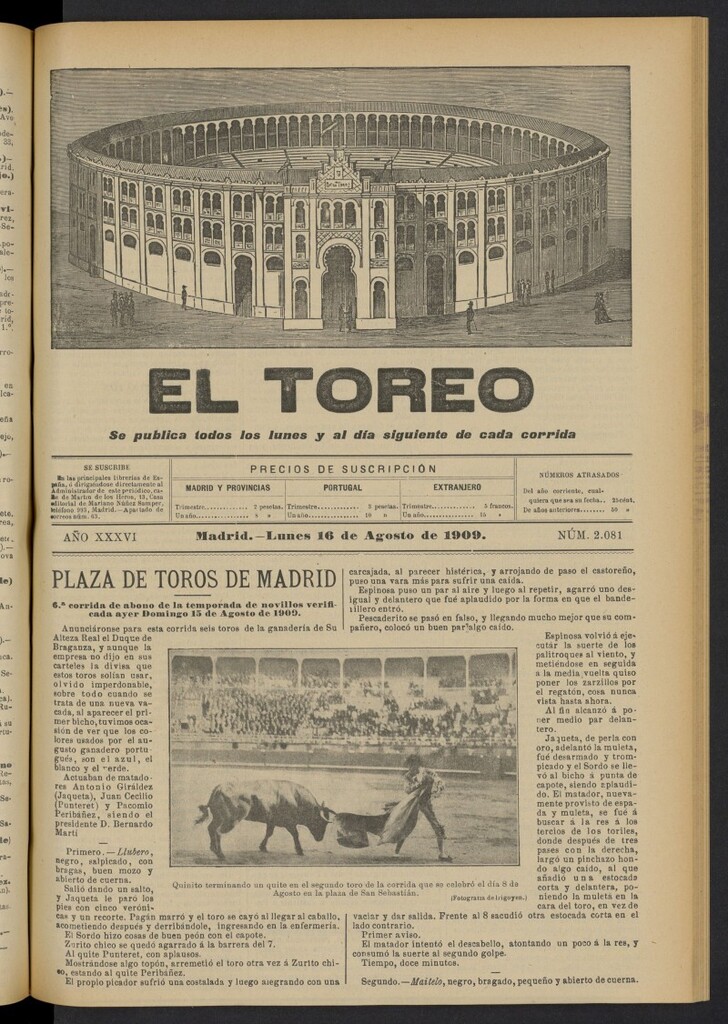 Miniatura de El Toreo: suplemento a "La Correspondencia Teatral"  del 16 de agosto de 1909, nº 2081