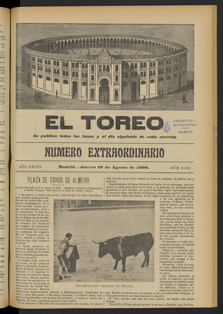 Miniatura de El Toreo: suplemento a "La Correspondencia Teatral"  del 19 de agosto de 1909, nº 2082