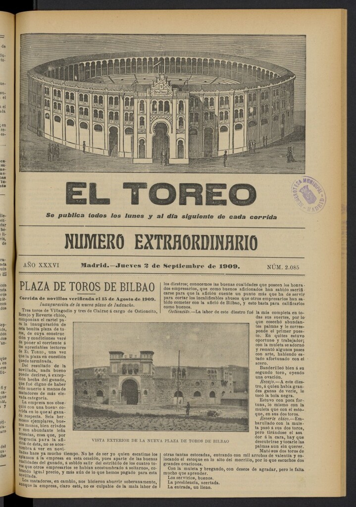 Miniatura de El Toreo: suplemento a "La Correspondencia Teatral"  del 2 de septiembre de 1909, nº 2085