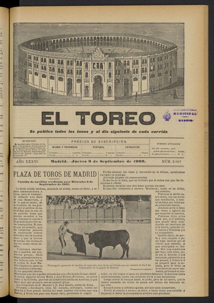 Miniatura de El Toreo: suplemento a "La Correspondencia Teatral"  del 9 de septiembre de 1909, nº 2087