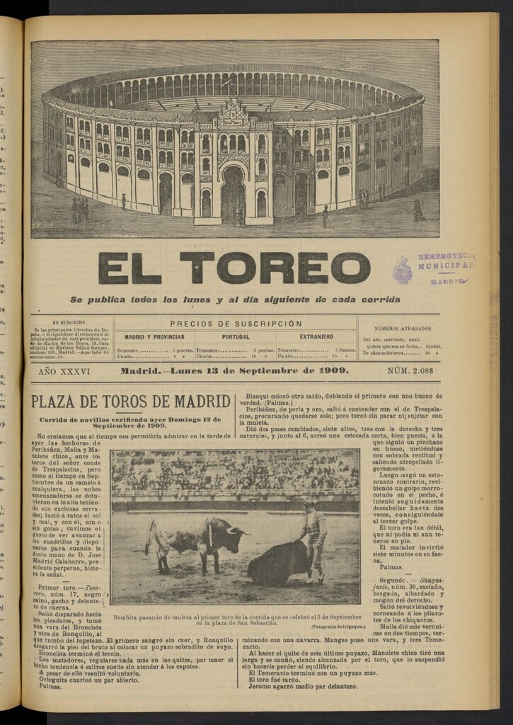 Miniatura de El Toreo: suplemento a "La Correspondencia Teatral"  del 13 de septiembre de 1909, nº 2088