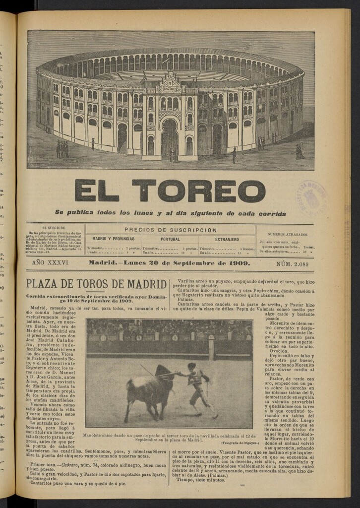 Miniatura de El Toreo: suplemento a "La Correspondencia Teatral"  del 20 de septiembre de 1909, nº 2089