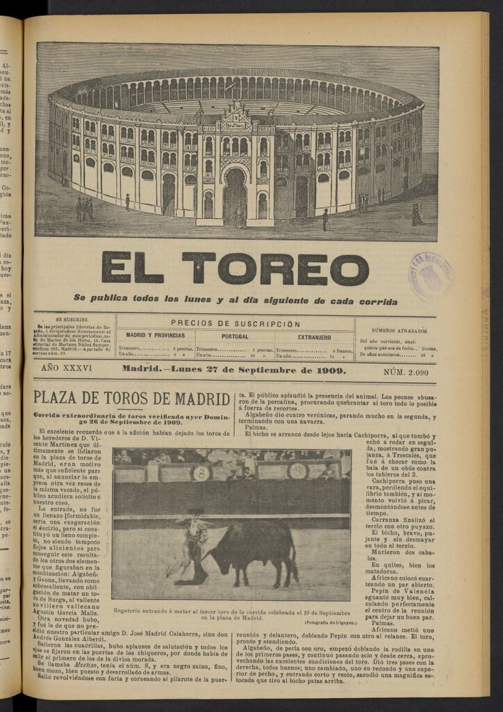 Miniatura de El Toreo: suplemento a "La Correspondencia Teatral"  del 27 de septiembre de 1909, nº 2090