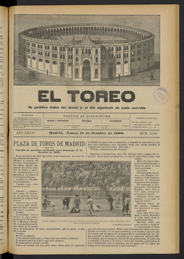 Miniatura de El Toreo: suplemento a "La Correspondencia Teatral"  del 18 de octubre de 1909, nº 2093