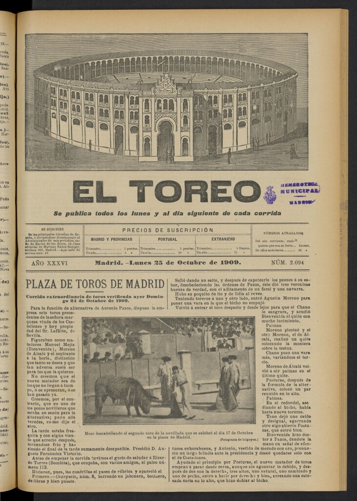 Miniatura de El Toreo: suplemento a "La Correspondencia Teatral"  del 25 de octubre de 1909, nº 2094