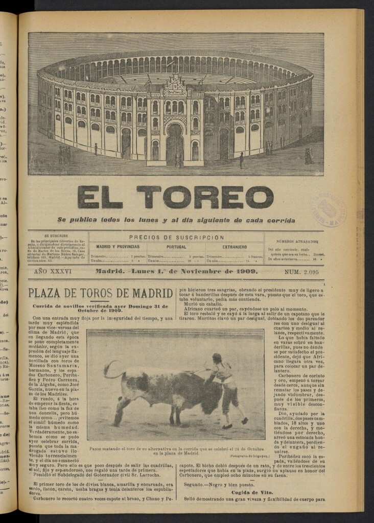 Miniatura de El Toreo: suplemento a "La Correspondencia Teatral"  del 1 de noviembre de 1909, nº 2095