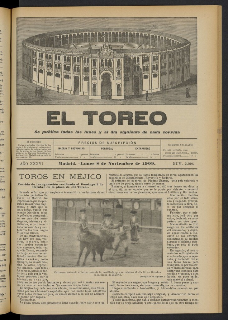 Miniatura de El Toreo: suplemento a "La Correspondencia Teatral"  del 8 de noviembre de 1909, nº 2096