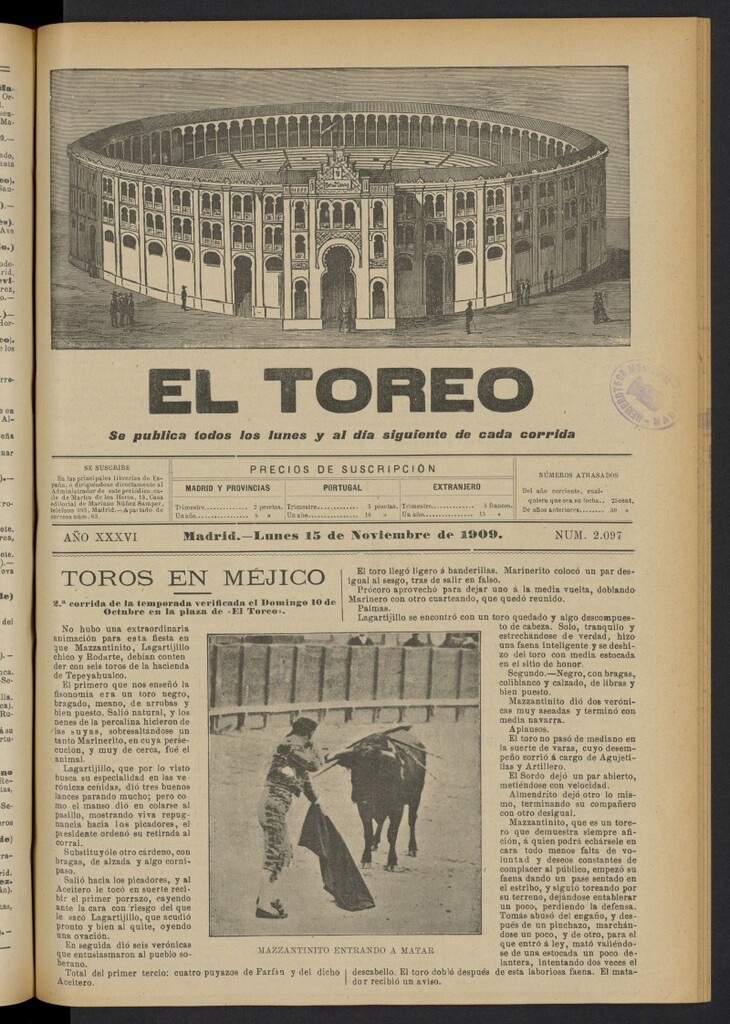 Miniatura de El Toreo: suplemento a "La Correspondencia Teatral"  del 15 de noviembre de 1909, nº 2097