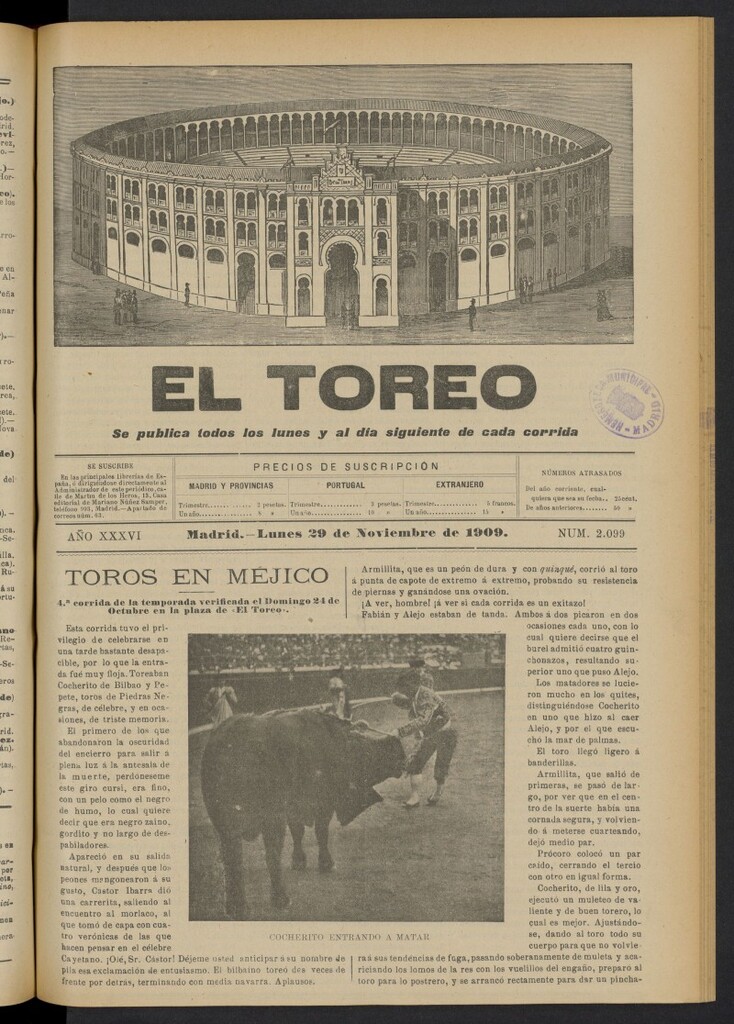 Miniatura de El Toreo: suplemento a "La Correspondencia Teatral"  del 29 de noviembre de 1909, nº 2099