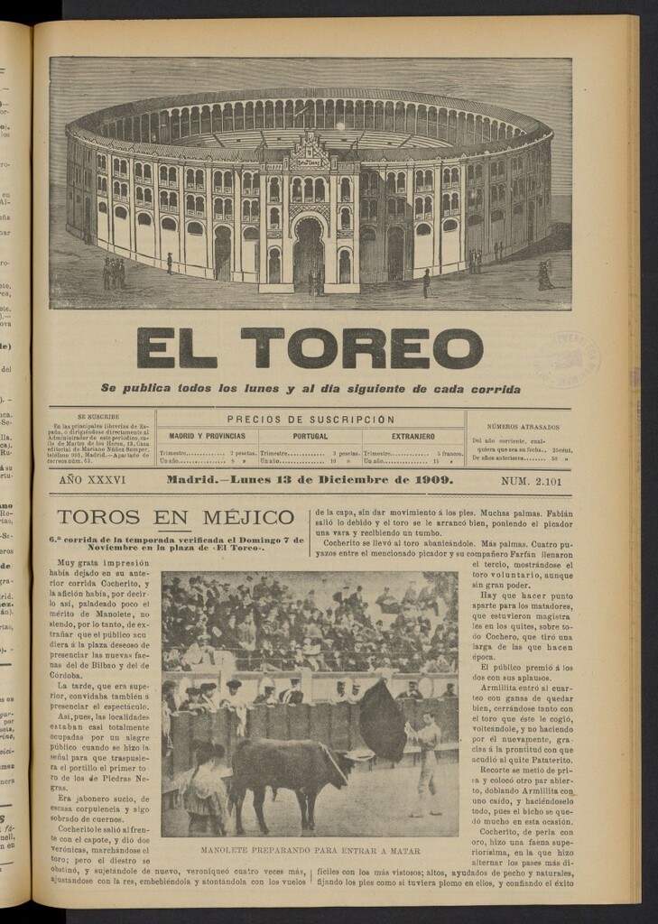 Miniatura de El Toreo: suplemento a "La Correspondencia Teatral"  del 13 de diciembre de 1909, nº 2101