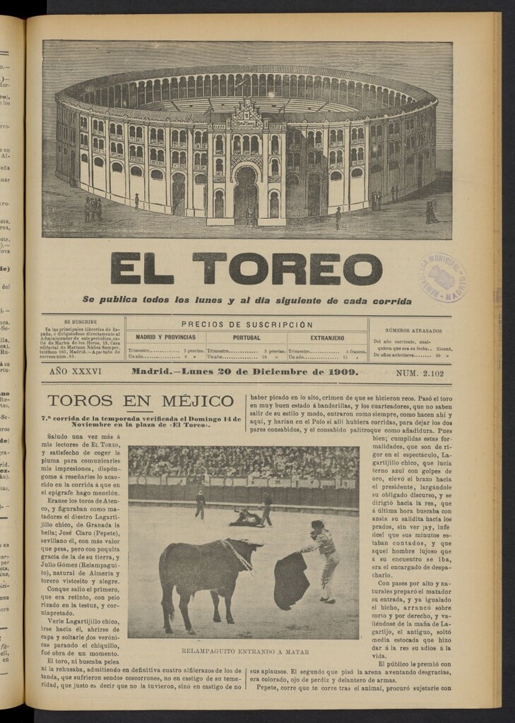 Miniatura de El Toreo: suplemento a "La Correspondencia Teatral"  del 20 de diciembre de 1909, nº 2102
