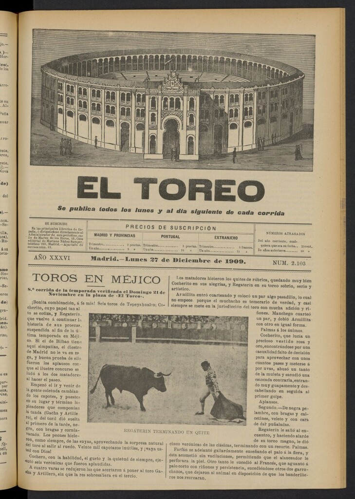 Miniatura de El Toreo: suplemento a "La Correspondencia Teatral"  del 27 de diciembre de 1909, nº 2103