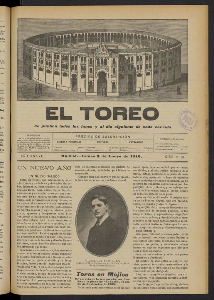 Miniatura de El Toreo: suplemento a "La Correspondencia Teatral"  del 3 de enero de 1910, nº 2104