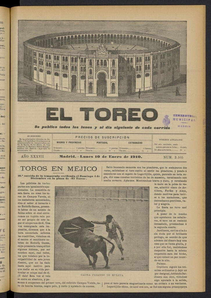 Miniatura de El Toreo: suplemento a "La Correspondencia Teatral"  del 10 de enero de 1910, nº 2105