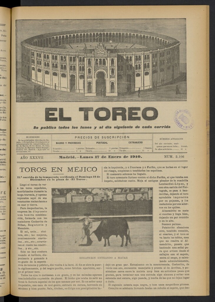 Miniatura de El Toreo: suplemento a "La Correspondencia Teatral"  del 17 de enero de 1910, nº 2106