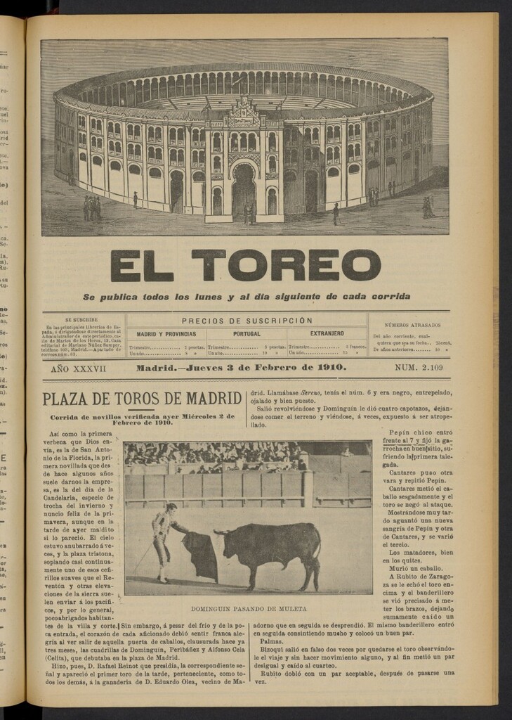 Miniatura de El Toreo: suplemento a "La Correspondencia Teatral"  del 3 de febrero de 1910, nº 2109