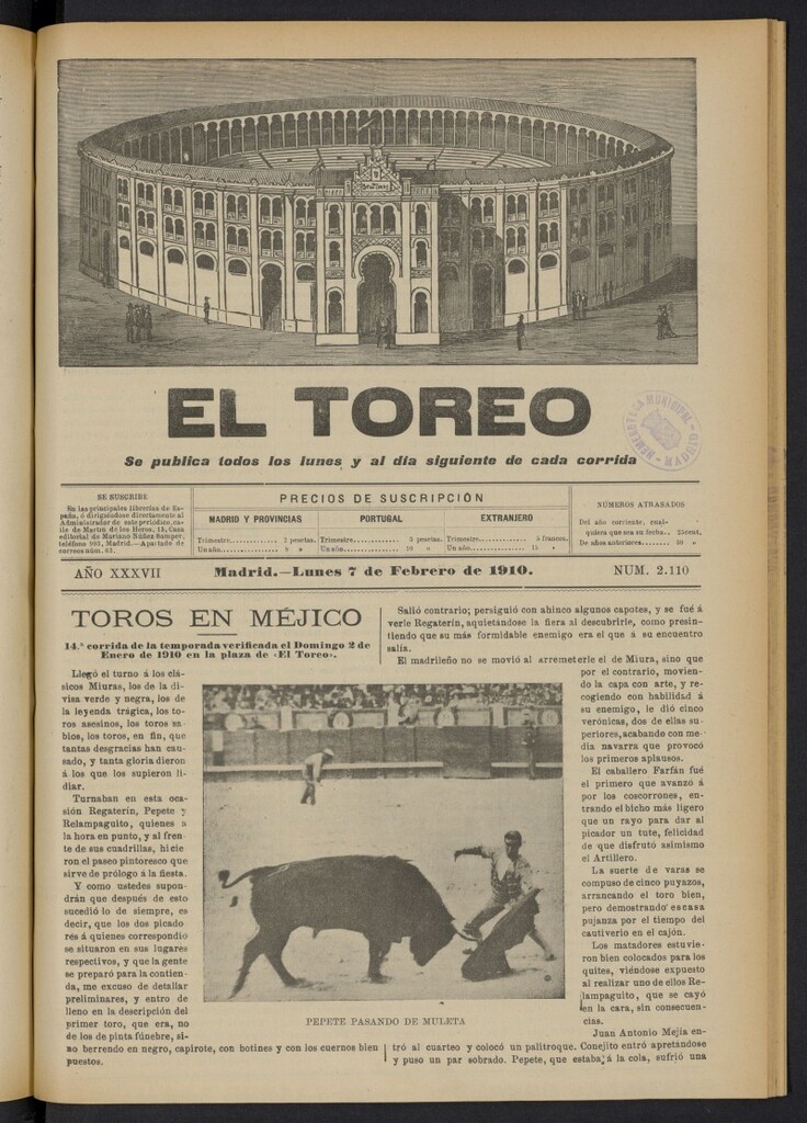 Miniatura de El Toreo: suplemento a "La Correspondencia Teatral"  del 7 de febrero de 1910, nº 2110