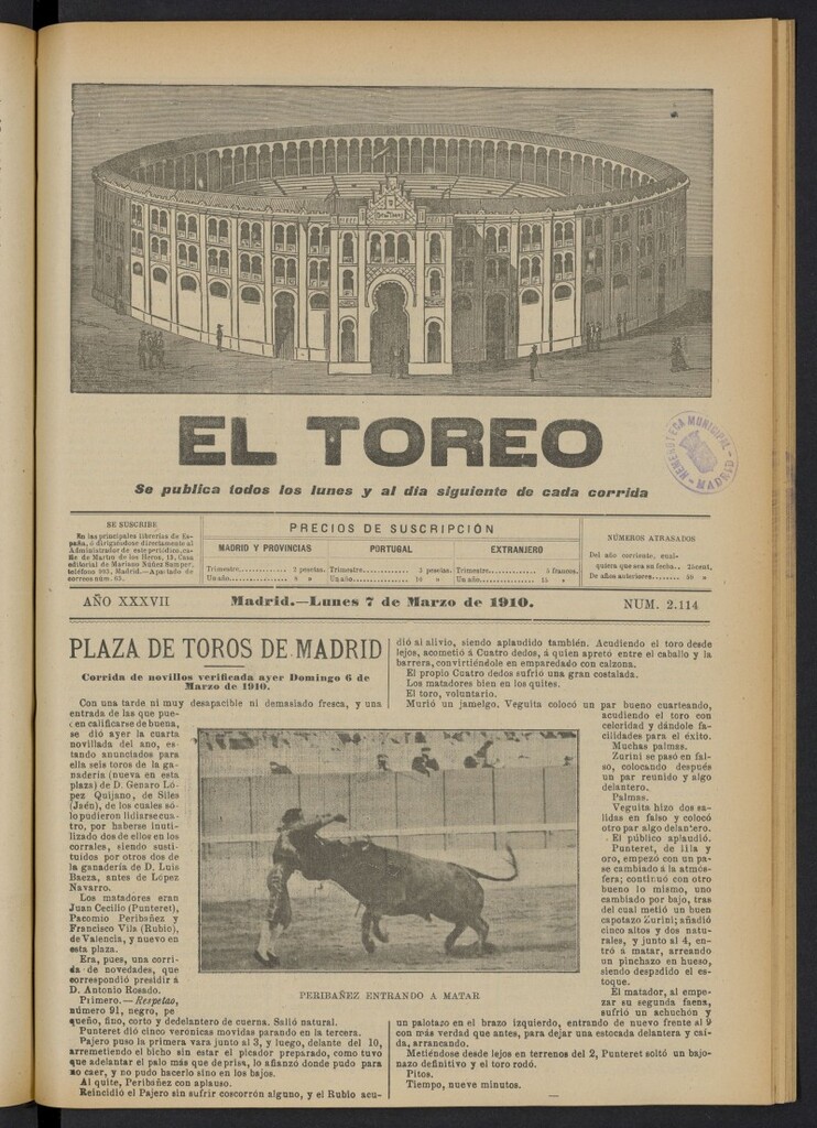 Miniatura de El Toreo: suplemento a "La Correspondencia Teatral"  del 7 de marzo de 1910, nº 2114