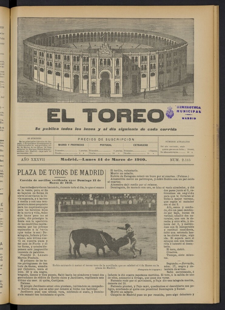 Miniatura de El Toreo: suplemento a "La Correspondencia Teatral"  del 14 de marzo de 1910, nº 2115