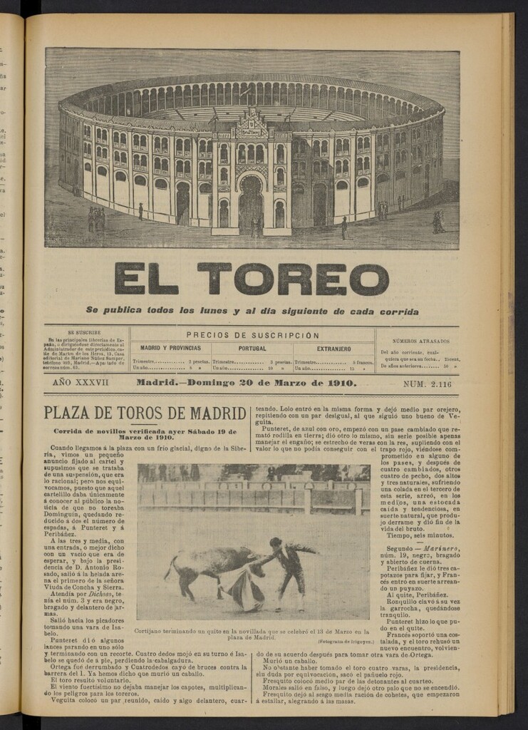 Miniatura de El Toreo: suplemento a "La Correspondencia Teatral"  del 20 de marzo de 1910, nº 2116