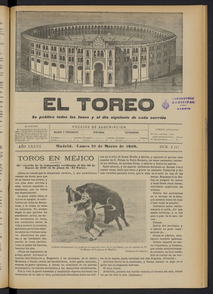 Miniatura de El Toreo: suplemento a "La Correspondencia Teatral"  del 21 de marzo de 1910, nº 2117