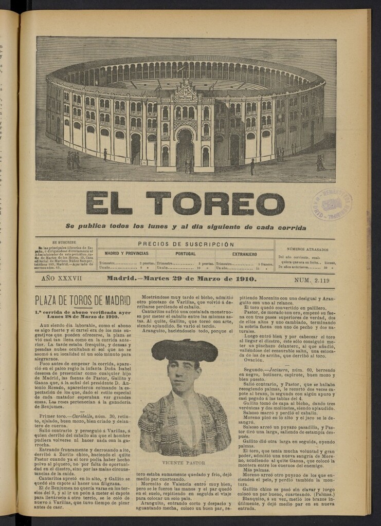 Miniatura de El Toreo: suplemento a "La Correspondencia Teatral"  del 29 de marzo de 1910, nº 2119