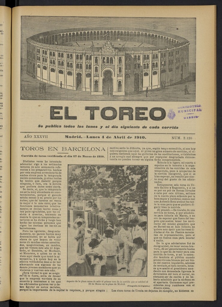 Miniatura de El Toreo: suplemento a "La Correspondencia Teatral"  del 4 de abril de 1910, nº 2120