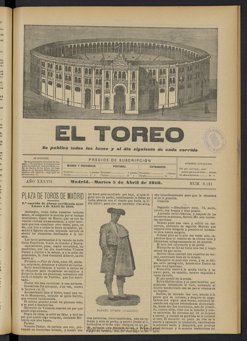Miniatura de El Toreo: suplemento a "La Correspondencia Teatral"  del 5 de abril de 1910, nº 2121