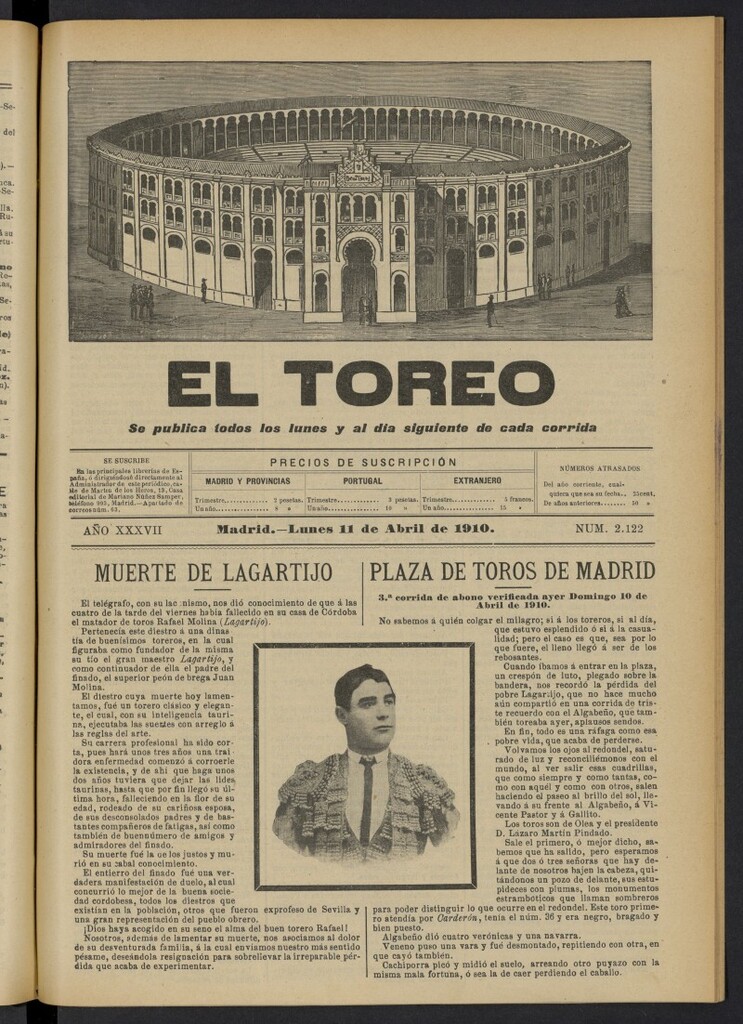 Miniatura de El Toreo: suplemento a "La Correspondencia Teatral"  del 11 de abril de 1910, nº 2122