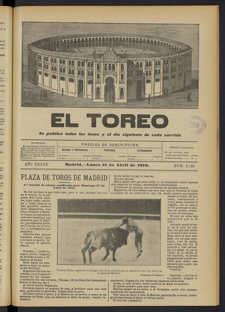 Miniatura de El Toreo: suplemento a "La Correspondencia Teatral"  del 18 de abril de 1910, nº 2123