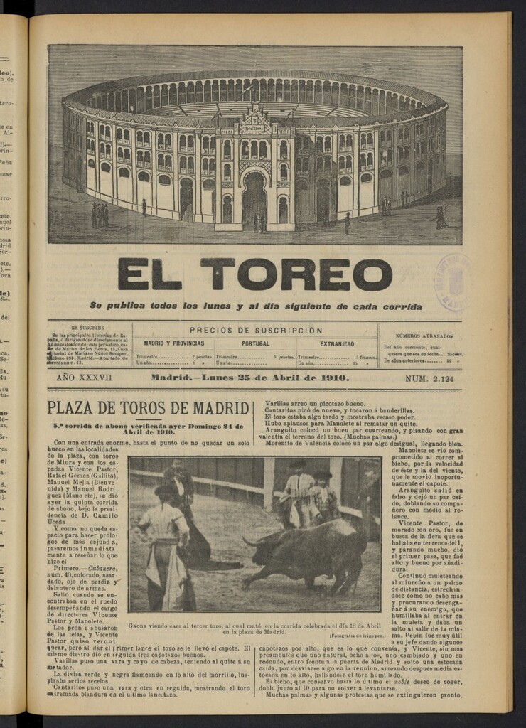 Miniatura de El Toreo: suplemento a "La Correspondencia Teatral"  del 25 de abril de 1910, nº 2124