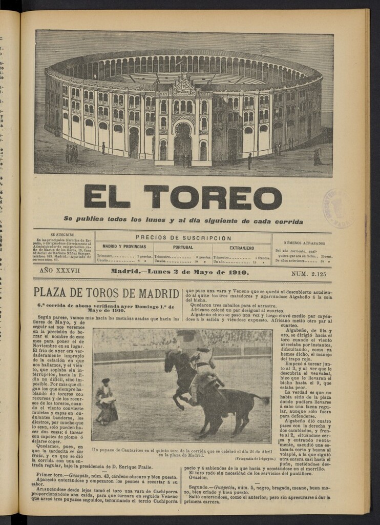 Miniatura de El Toreo: suplemento a "La Correspondencia Teatral"  del 2 de mayo de 1910, nº 2125