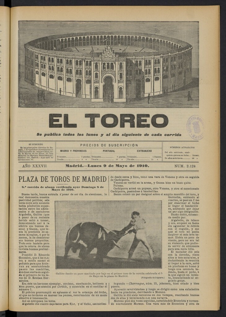 Miniatura de El Toreo: suplemento a "La Correspondencia Teatral"  del 9 de mayo de 1910, nº 2128