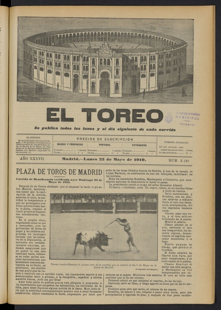 Miniatura de El Toreo: suplemento a "La Correspondencia Teatral"  del 23 de mayo de 1910, nº 2130