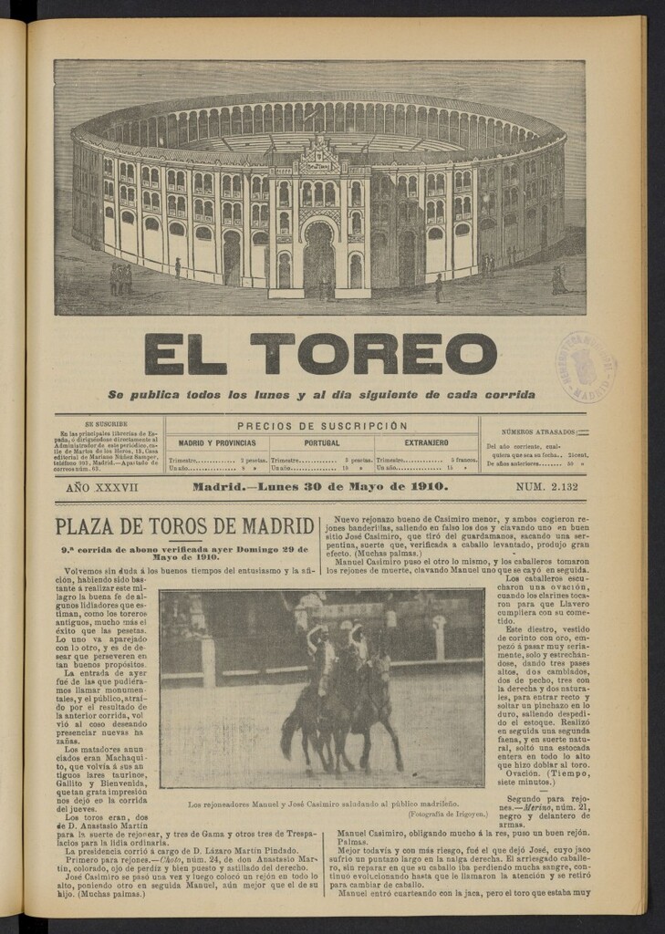 Miniatura de El Toreo: suplemento a "La Correspondencia Teatral"  del 30 de mayo de 1910, nº 2132