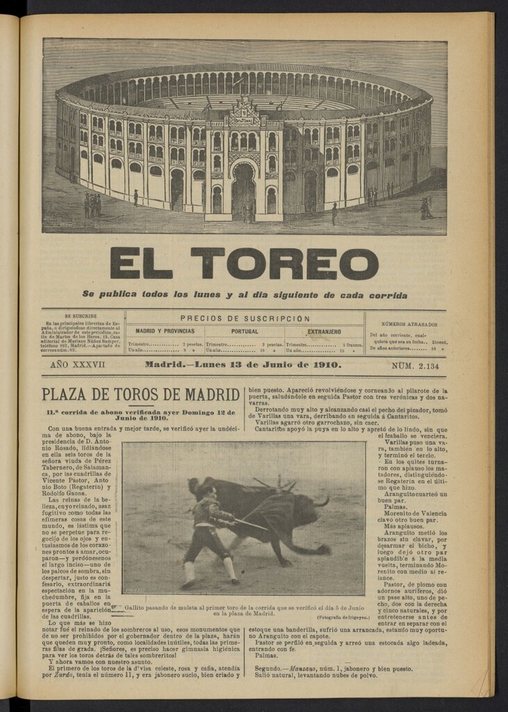 Miniatura de El Toreo: suplemento a "La Correspondencia Teatral"  del 13 de junio de 1910, nº 2134