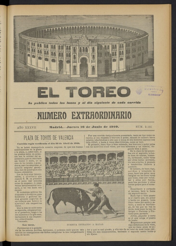 Miniatura de El Toreo: suplemento a "La Correspondencia Teatral"  del 16 de junio de 1910, nº 2135