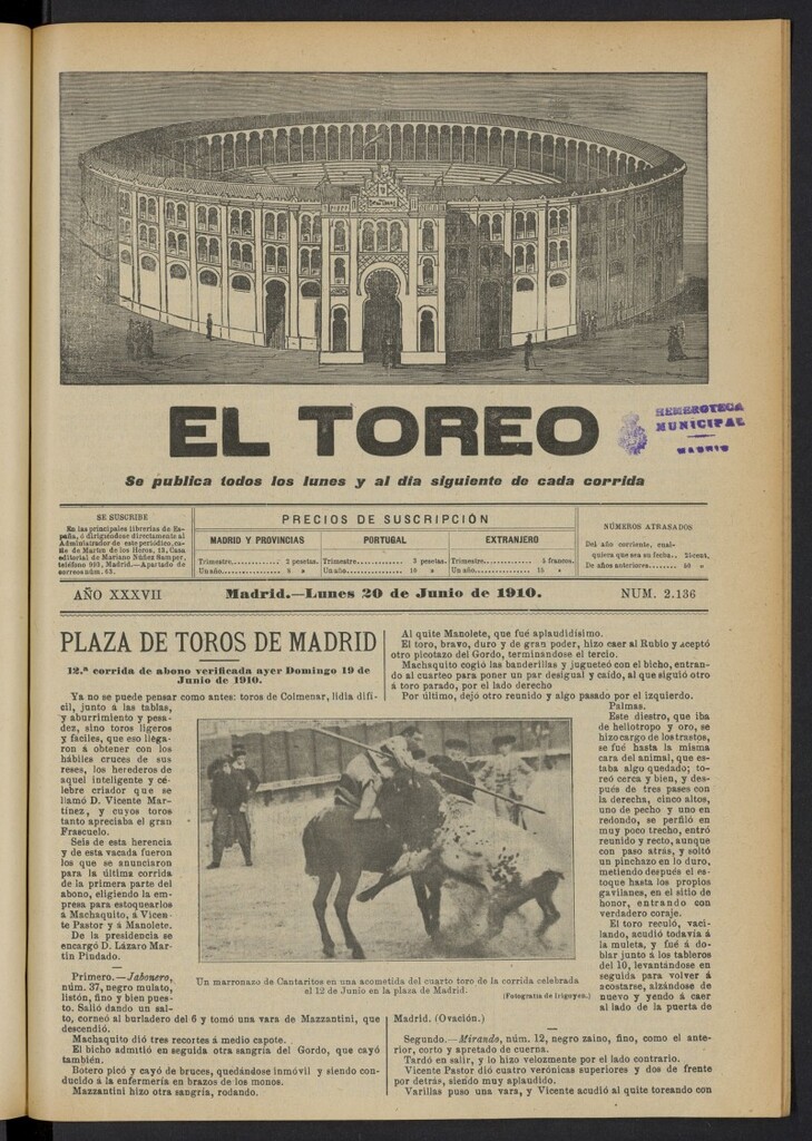 Miniatura de El Toreo: suplemento a "La Correspondencia Teatral"  del 20 de junio de 1910, nº 2136