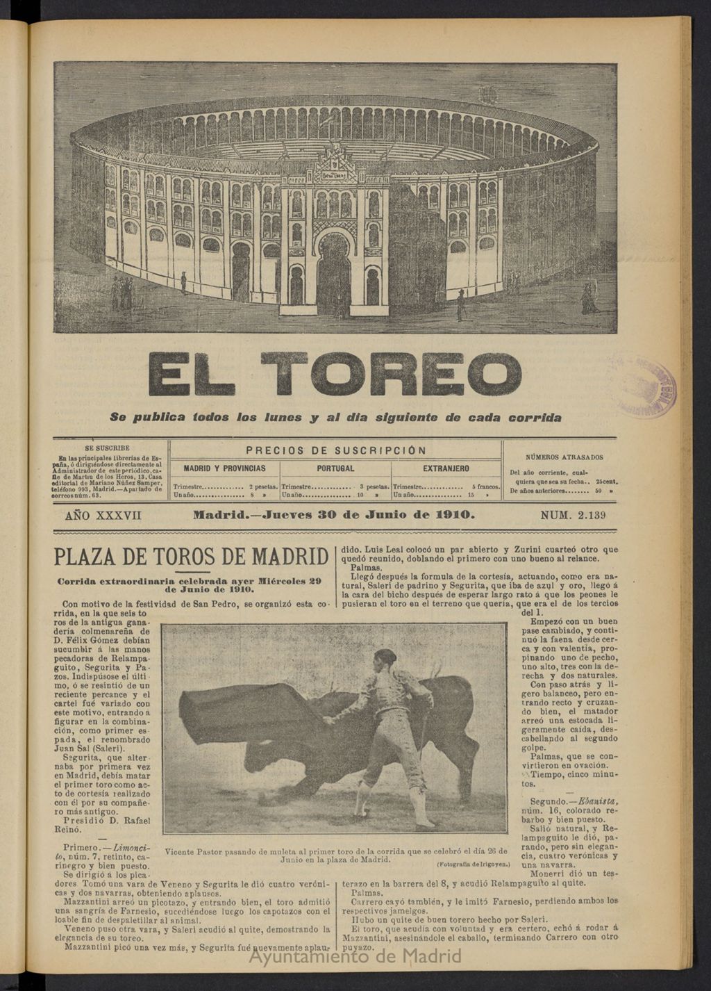Miniatura de El Toreo: suplemento a "La Correspondencia Teatral"  del 30 de junio de 1910, nº 2139