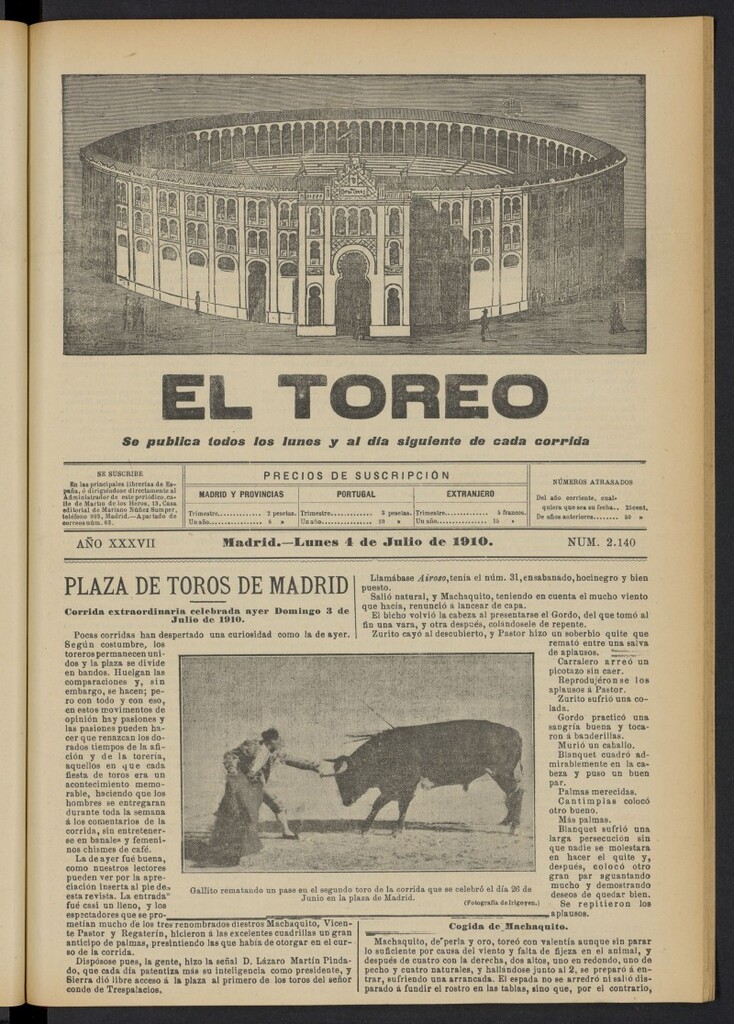 Miniatura de El Toreo: suplemento a "La Correspondencia Teatral"  del 4 de julio de 1910, nº 2140