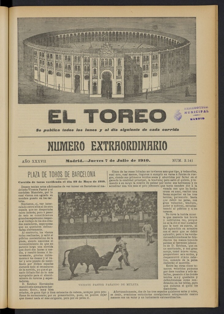 Miniatura de El Toreo: suplemento a "La Correspondencia Teatral"  del 7 de julio de 1910, nº 2141