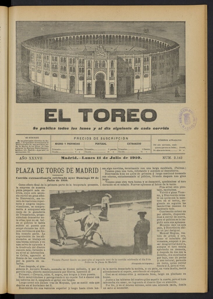 Miniatura de El Toreo: suplemento a "La Correspondencia Teatral"  del 11 de julio de 1910, nº 2142