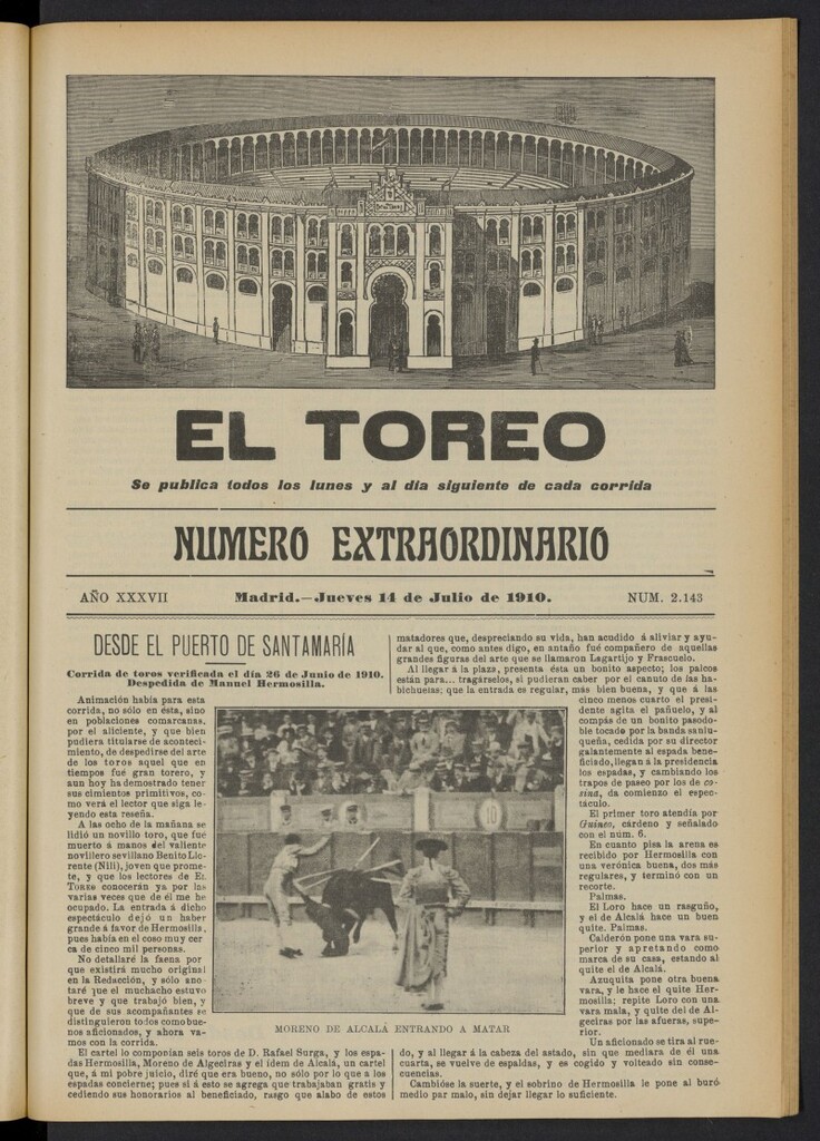 Miniatura de El Toreo: suplemento a "La Correspondencia Teatral"  del 14 de julio de 1910, nº 2143