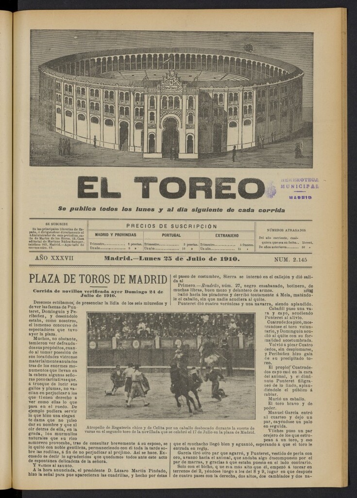 Miniatura de El Toreo: suplemento a "La Correspondencia Teatral"  del 25 de julio de 1910, nº 2145